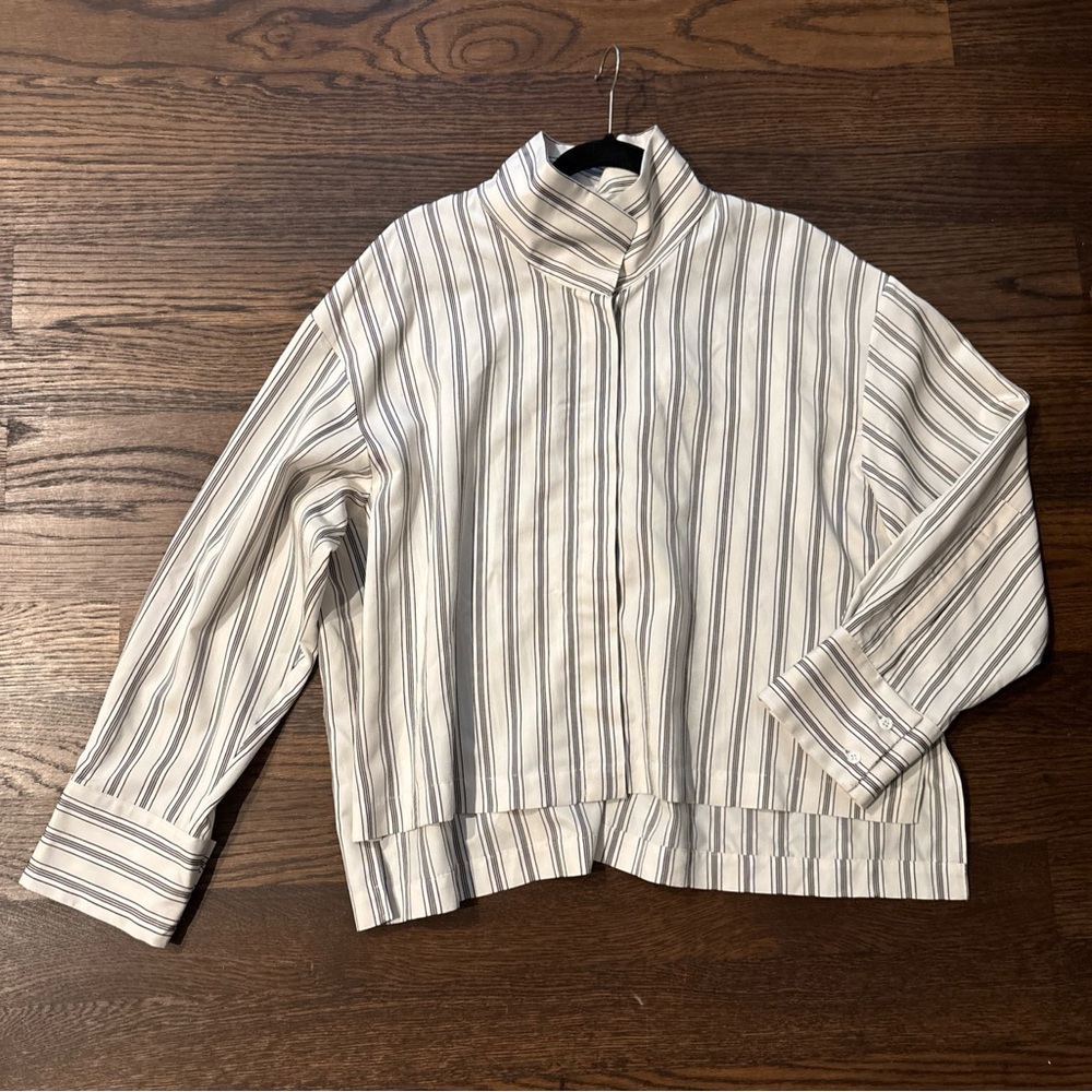 New WJ Martin Kick Pleat Neutral Black Striped Japanese Blouse Top I 44 M $565